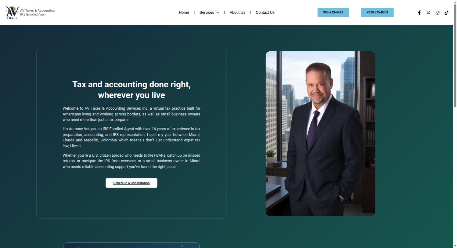 Screenshot of the AV Taxes & Accounting website, built by ShadowTech